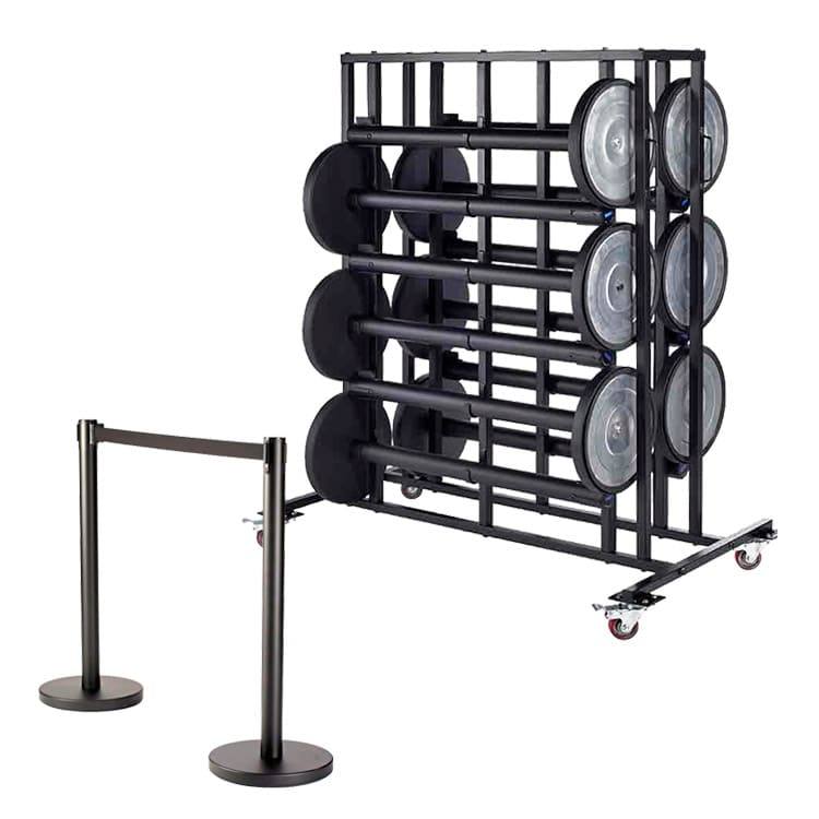 Set van 12 inox afzetpalen met transporttrolley