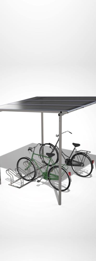Fietsoverkapping met plat polycarbonaat dak – open