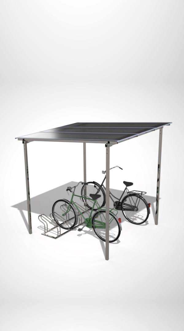 Fietsoverkapping met plat polycarbonaat dak – open