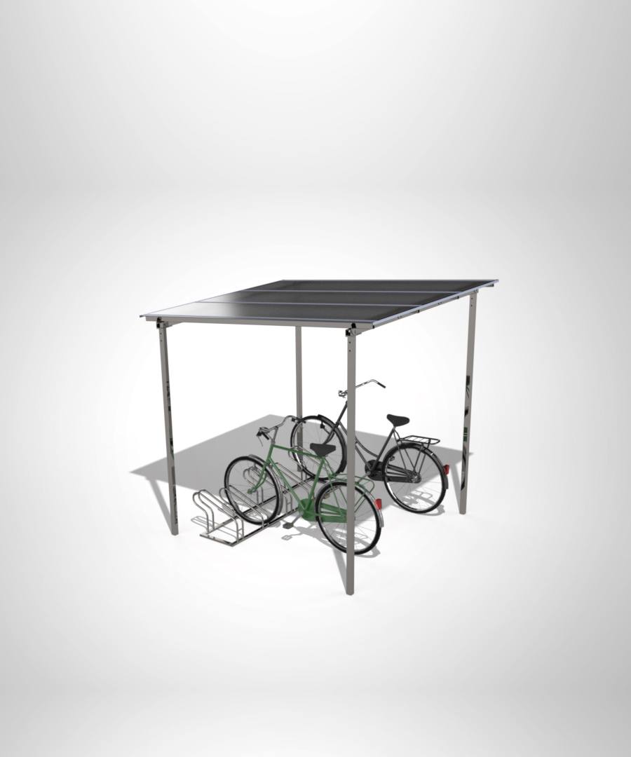 Fietsoverkapping met plat polycarbonaat dak – open