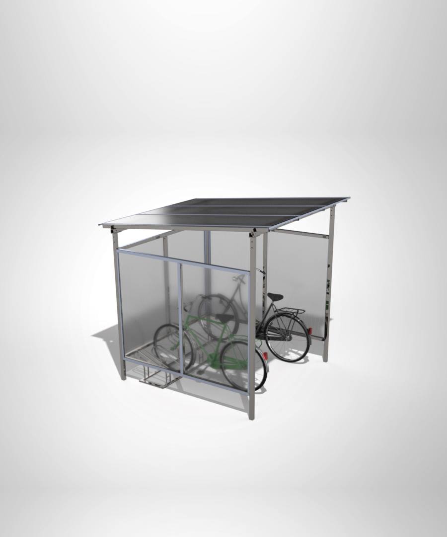 Fietsoverkapping met plat polycarbonaat dak en zijwanden