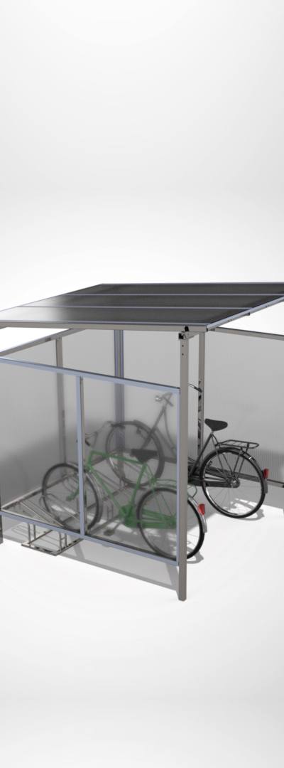 Fietsoverkapping met plat polycarbonaat dak en zijwanden