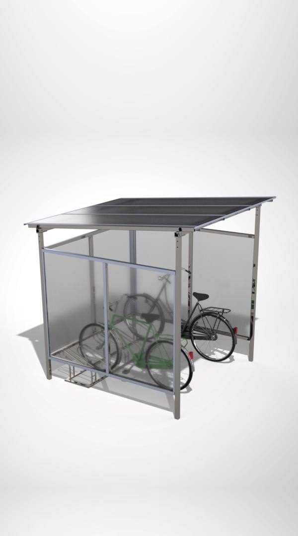 Fietsoverkapping met plat polycarbonaat dak en zijwanden