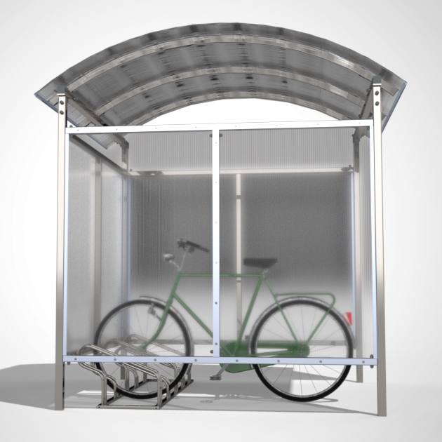 Fietsoverkapping met gebogen polycarbonaat dak en zijwanden
