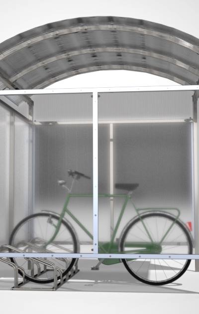 Fietsoverkapping met gebogen polycarbonaat dak en zijwanden