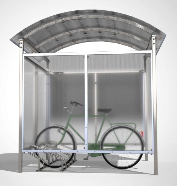 Fietsoverkapping met gebogen polycarbonaat dak en zijwanden
