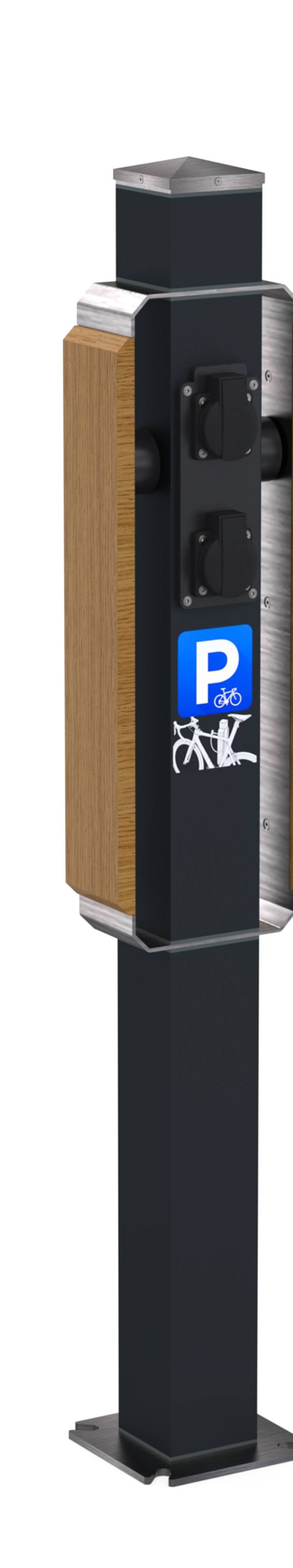 Fietsleunpaal in aluminium en eikenhout, optioneel met laadpunt