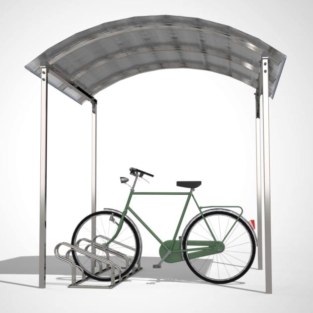 Fietsoverkapping met gebogen polycarbonaat dak – open