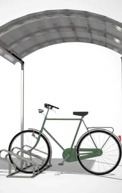 Fietsoverkapping met gebogen polycarbonaat dak – open