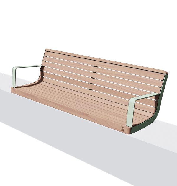 Wandbank met rugleuning en armleuning in hout en staal (1,8 m, gewelfd)