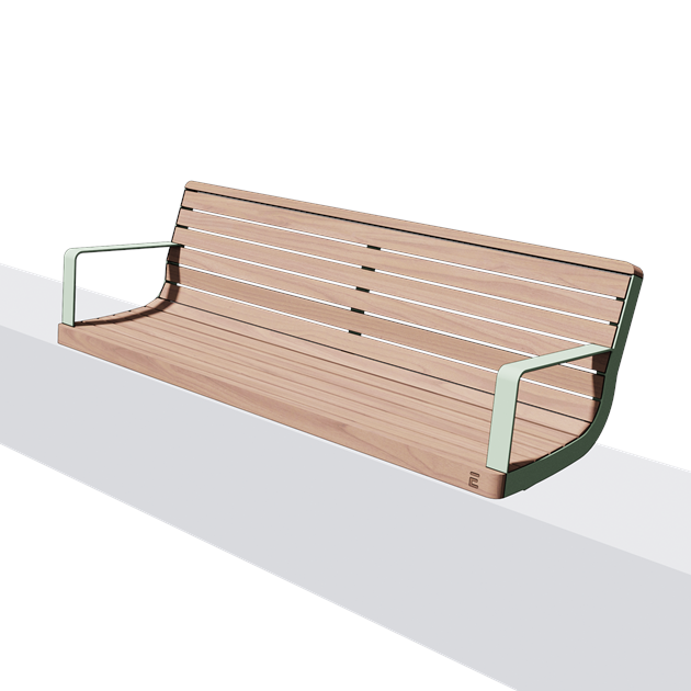 Wandbank met rugleuning en armleuning in hout en staal (1,8 m, gewelfd)