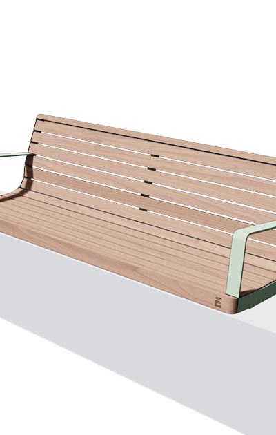 Wandbank met rugleuning en armleuning in hout en staal (1,8 m, gewelfd)