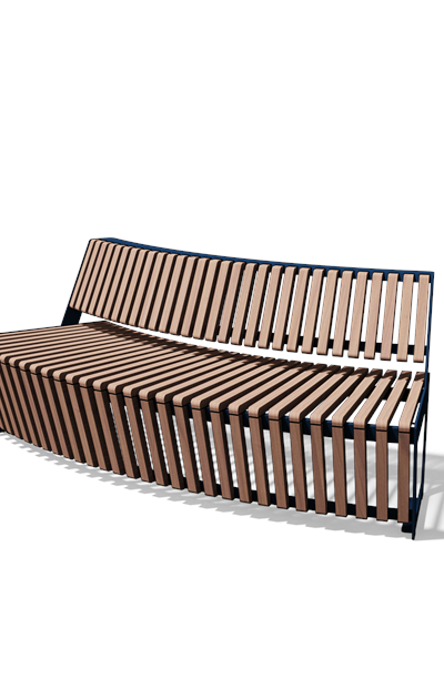 Gebogen driezitbank met rugleuning in hout en staal (R2000, frontlamellen, variant B)