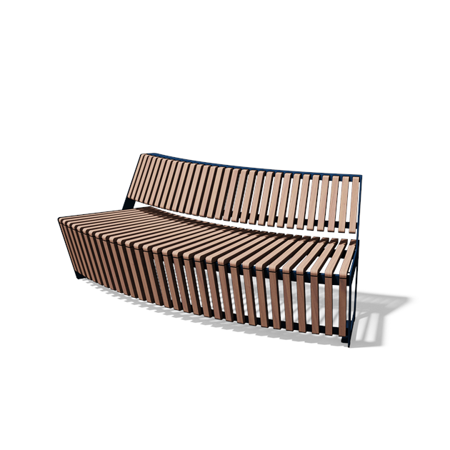 Gebogen driezitbank met rugleuning in hout en staal (R2000, frontlamellen, variant B)