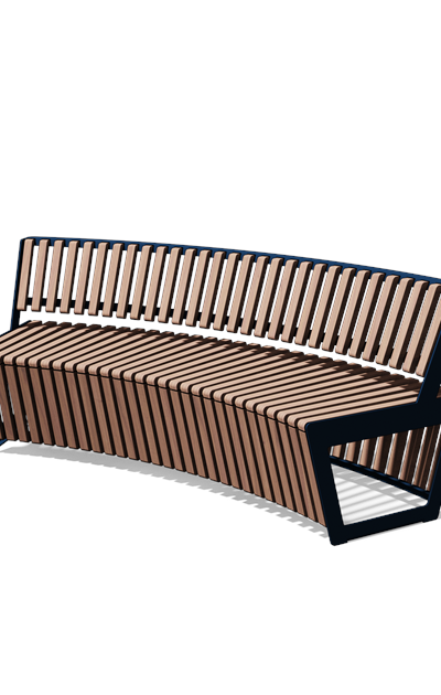 Gebogen driezitbank met rugleuning in hout en staal (R2000, frontlamellen, variant C)