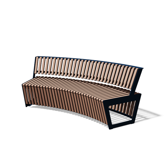 Gebogen driezitbank met rugleuning in hout en staal (R2000, frontlamellen, variant C)