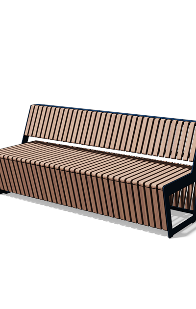 Driezitbank met rugleuning in hout en staal (1,8 m, frontlamellen, variant A)