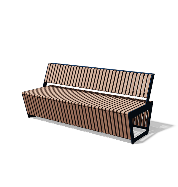 Driezitbank met rugleuning in hout en staal (1,8 m, frontlamellen, variant A)