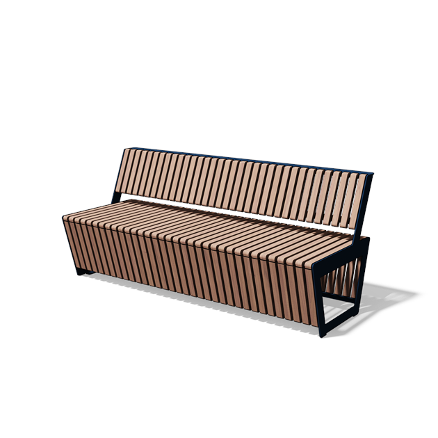 Driezitbank met rugleuning in hout en staal (1,8 m, frontlamellen, variant A)