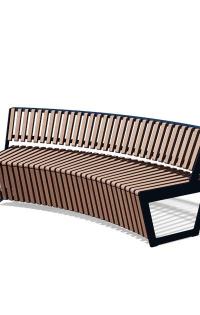 Gebogen driezitbank met rugleuning in hout en staal (R2000, frontlamellen, variant D)