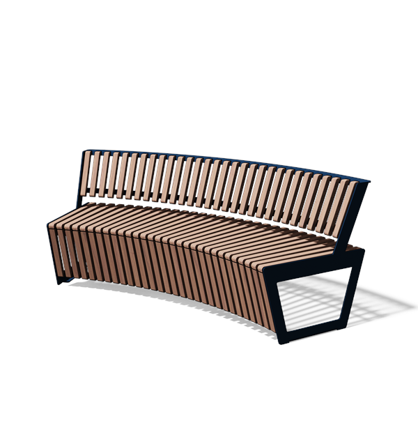 Gebogen driezitbank met rugleuning in hout en staal (R2000, frontlamellen, variant D)