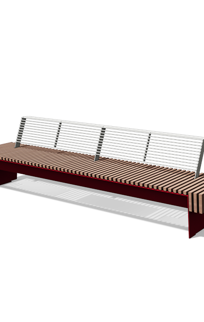 Ligbank met houten rugleuning in hout en staal (3 m, fijne lamellen)