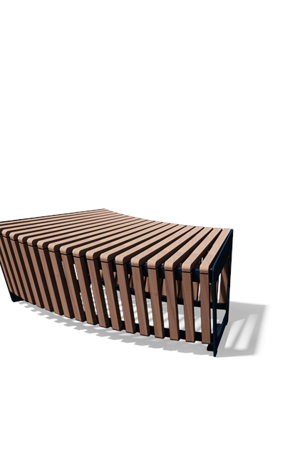 Gebogen tweezitbank zonder rugleuning in hout en staal (R1000, frontlamellen, variant A)
