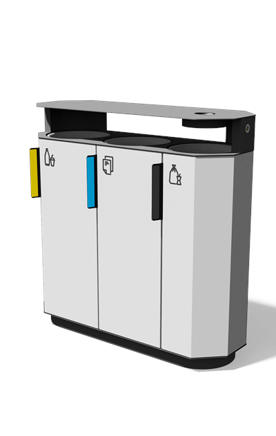 Afvalbak gescheiden inzameling 3×38 l met composietbekleding, regenkap en asbak