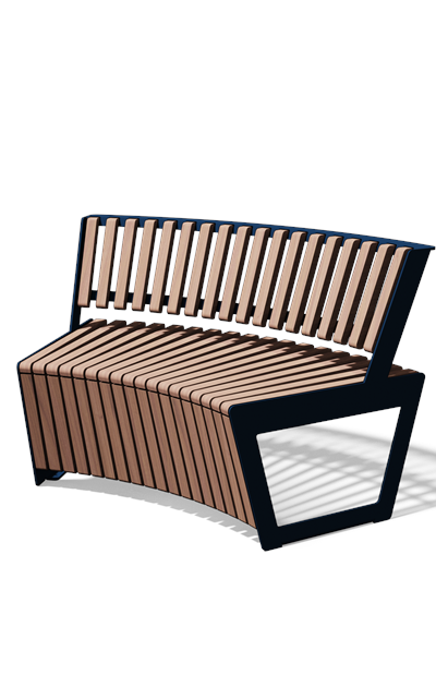 Gebogen tweezitbank met rugleuning in hout en staal (R1000, frontlamellen, variant D)