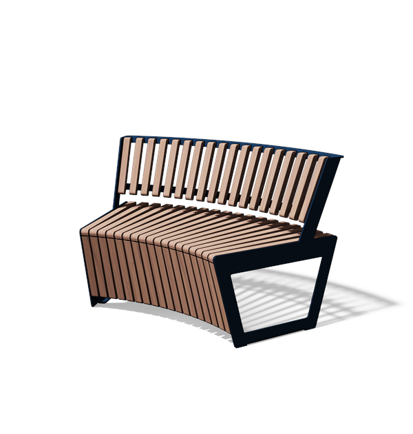 Gebogen tweezitbank met rugleuning in hout en staal (R1000, frontlamellen, variant D)