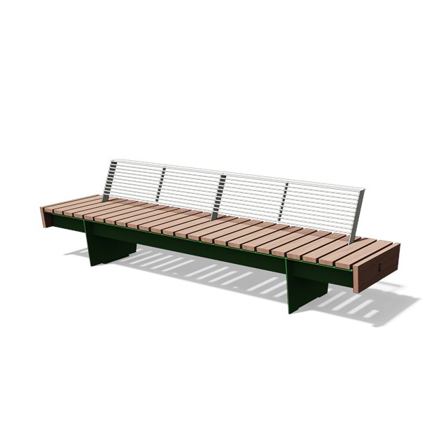 Brede ligbank met houten rugleuning in hout en staal (3 m)