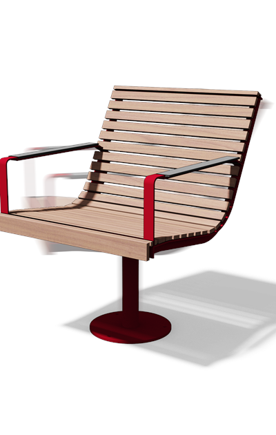 Draaifauteuil met armleuningen op centrale poot met voetplaat in hout en staal
