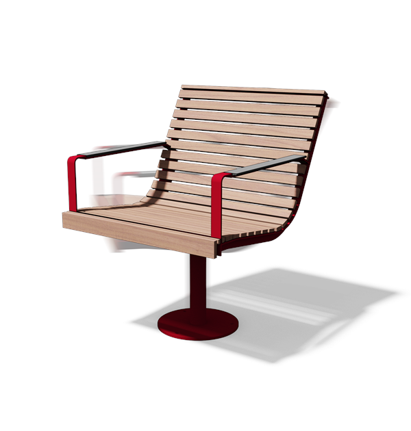 Draaifauteuil met armleuningen op centrale poot met voetplaat in hout en staal