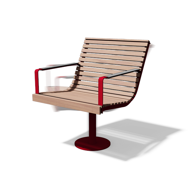 Draaifauteuil met armleuningen op centrale poot met voetplaat in hout en staal