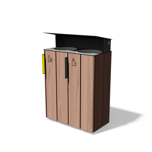 Vierkante afvalbak gescheiden inzameling 2×38 l in hout en staal met regenkap