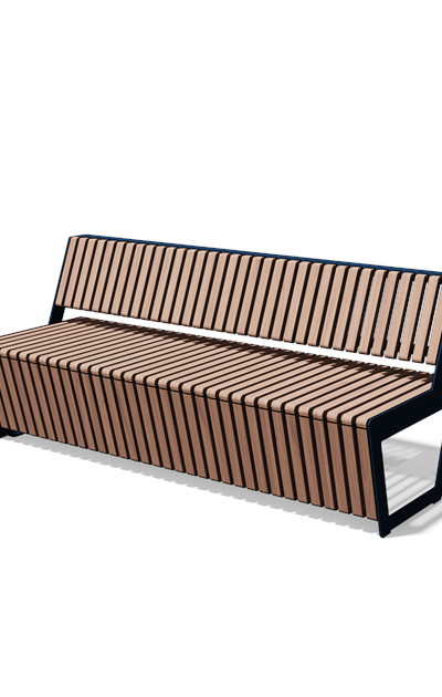 Driezitbank met rugleuning in hout en staal (1,8 m, frontlamellen, variant B)