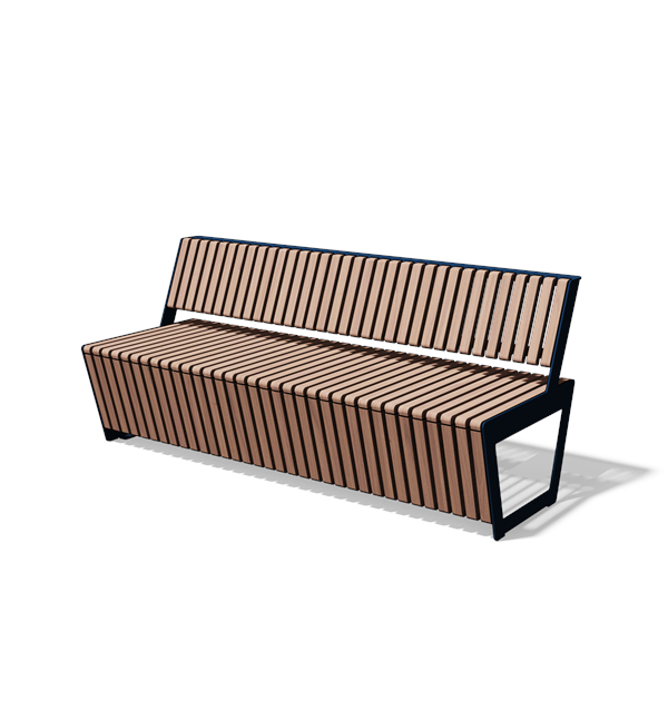 Driezitbank met rugleuning in hout en staal (1,8 m, frontlamellen, variant B)