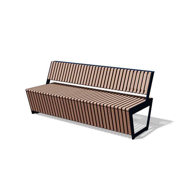 Driezitbank met rugleuning in hout en staal (1,8 m, frontlamellen, variant B)