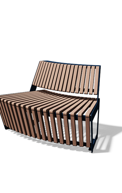 Gebogen tweezitbank met rugleuning in hout en staal (R1000, frontlamellen, variant B)
