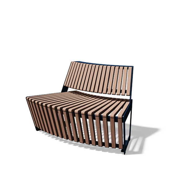 Gebogen tweezitbank met rugleuning in hout en staal (R1000, frontlamellen, variant B)