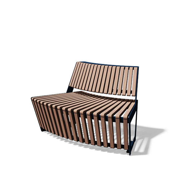 Gebogen tweezitbank met rugleuning in hout en staal (R1000, frontlamellen, variant B)