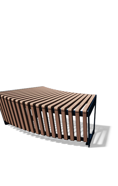 Gebogen tweezitbank zonder rugleuning in hout en staal (R1000, frontlamellen, variant B)