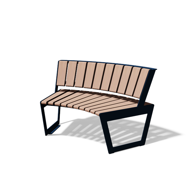 Gebogen tweezitbank met rugleuning in hout en staal (R1000, lasergesneden profiel, variant B)