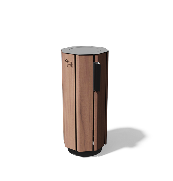 Achthoekige afvalbak in hout en staal met dispenser voor hondenpoepzakjes