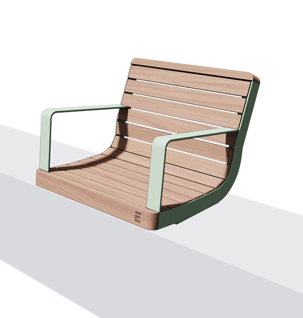 Wandbank met rugleuning en armleuning in hout en staal (0,7 m, gewelfd)