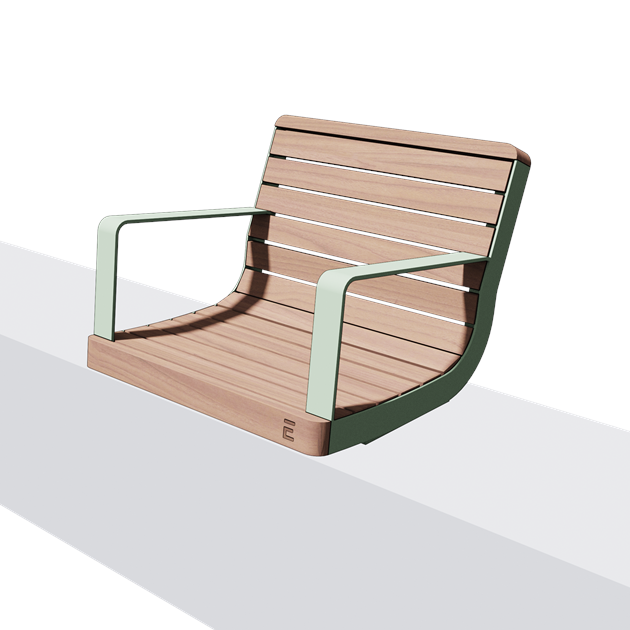 Wandbank met rugleuning en armleuning in hout en staal (0,7 m, gewelfd)