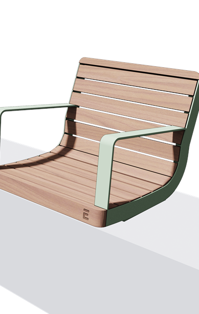 Wandbank met rugleuning en armleuning in hout en staal (0,7 m, gewelfd)