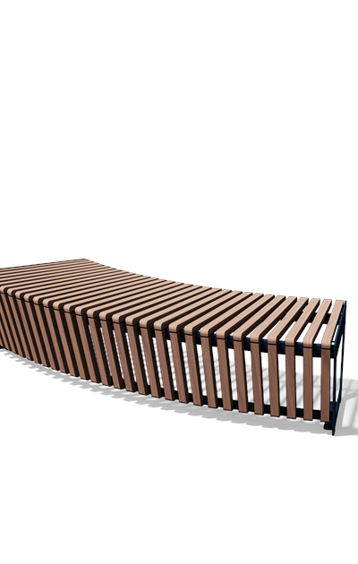 Gebogen driezitbank zonder rugleuning in hout en staal (R2000, frontlamellen, variant B)