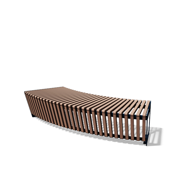 Gebogen driezitbank zonder rugleuning in hout en staal (R2000, frontlamellen, variant B)