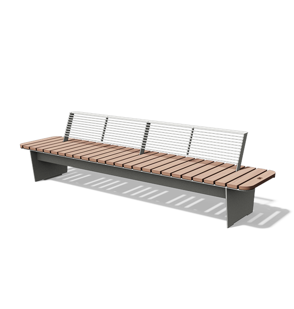 Afgeronde ligbank met houten rugleuning in hout en staal (3 m)